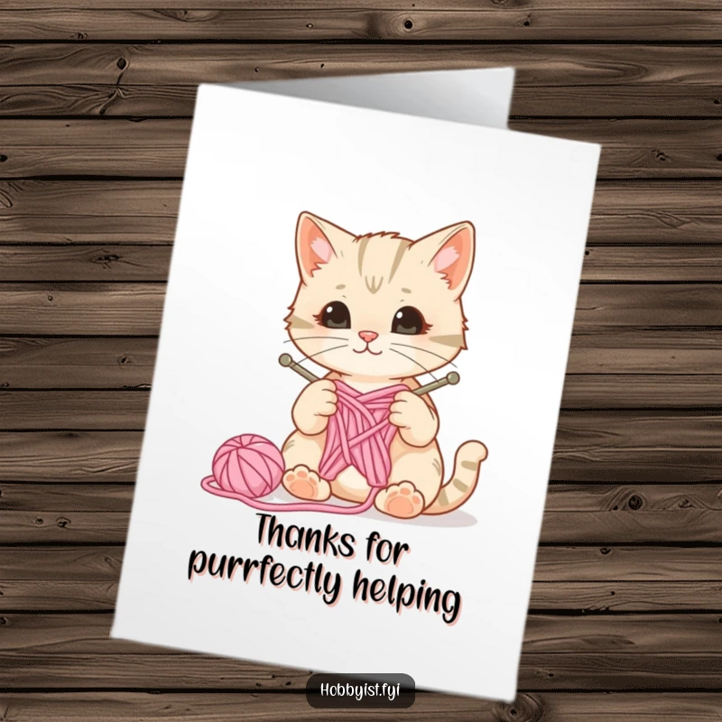 Funny Free Printable Thank You Card: Curious cat playfully batting at yarn and knitting needles, a wool ball mid-bounce, expressing thanks.