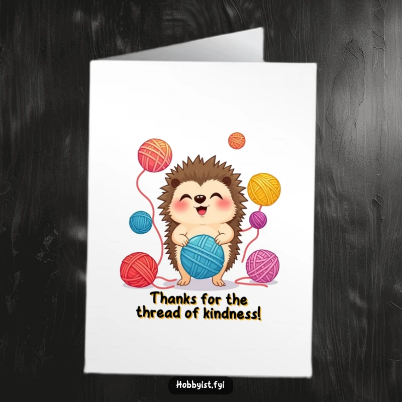 Funny Free Printable Thank You Card: A happy hedgehog giggling as it juggles multiple colorful yarn balls.