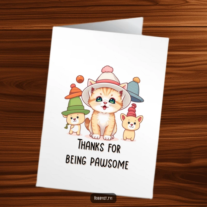 Funny Free Printable Thank You Card: A curious kitten plays dress-up in oversized hats, expressing thanks with delightful whimsy.
