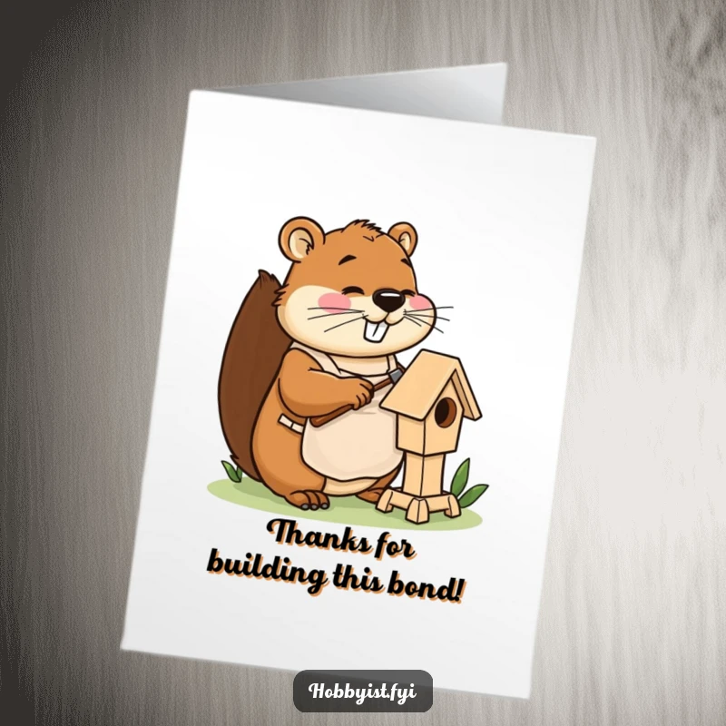 Funny Free Printable Thank You Card: Busy Beaver in Apron Happily Hammering a Miniature Birdhouse