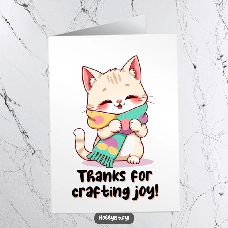 Funny Free Printable Thank You Card: Giggling cat humorously knitting a long scarf, expressing heartfelt gratitude.