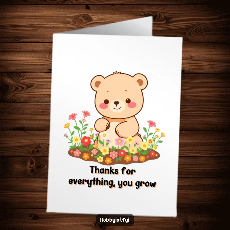 Funny Free Printable Kawaii Bear Thank You Card, a happy bear tending tiny flowers, perfect for a downloadable thank you.