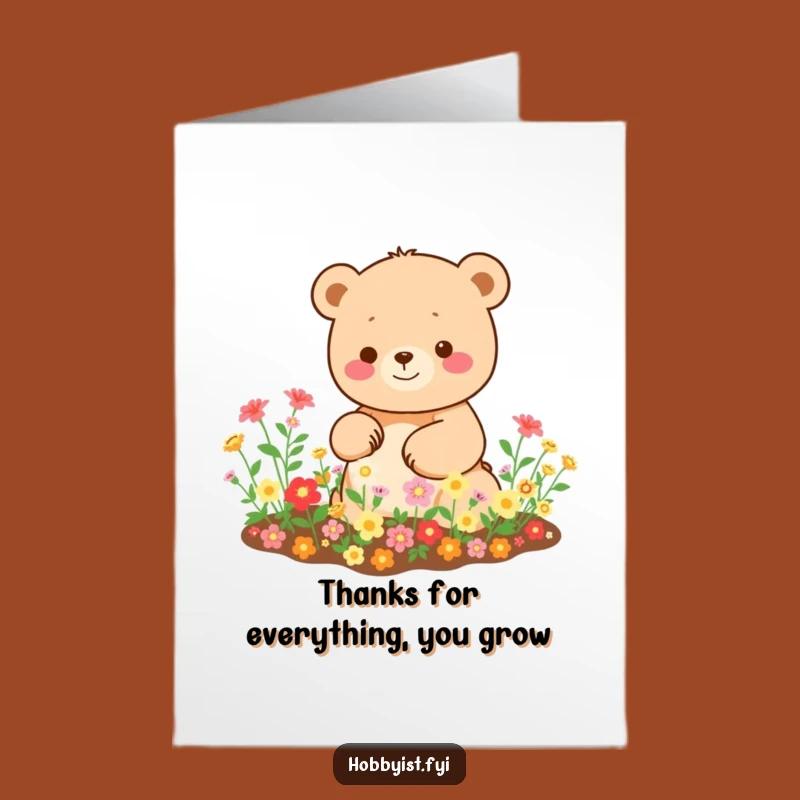 Free Printable Kawaii Bear Thank You Card: Garden Blooms, Funny Downloadable Gift