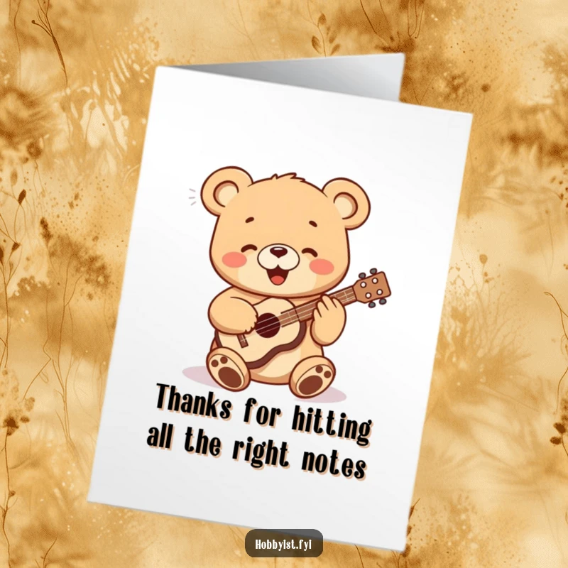 Funny free printable thank you card with a bear cub playing a ukulele, sending musical notes of appreciation.