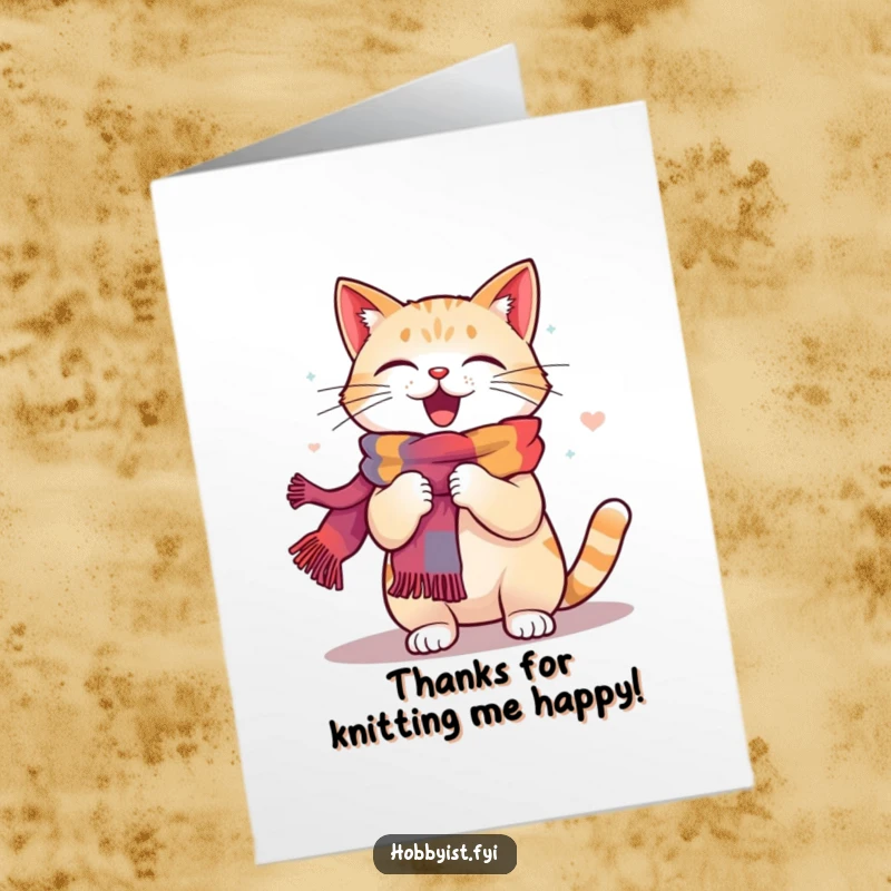 Funny Free Printable Thank You Card: A happy cat energetically knits a colorful scarf, a symbol of appreciation.