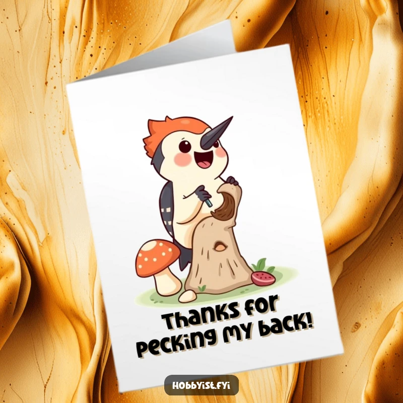 Funny Free Printable Thank You Card: Joyful woodpecker drilling a mushroom, happy expression, saying thank you.