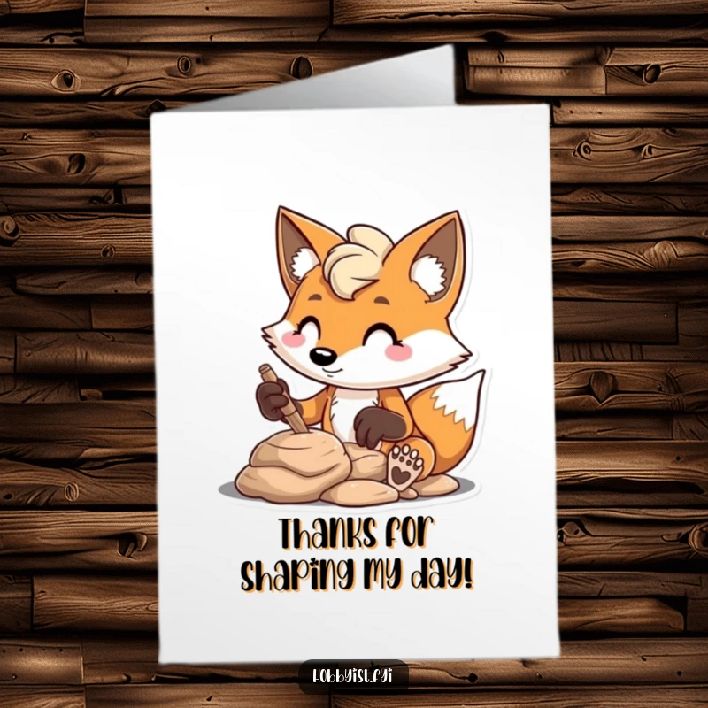 Funny free printable thank you card featuring a mischievous fox character enthusiastically sculpting clay with a determined, focused expression.