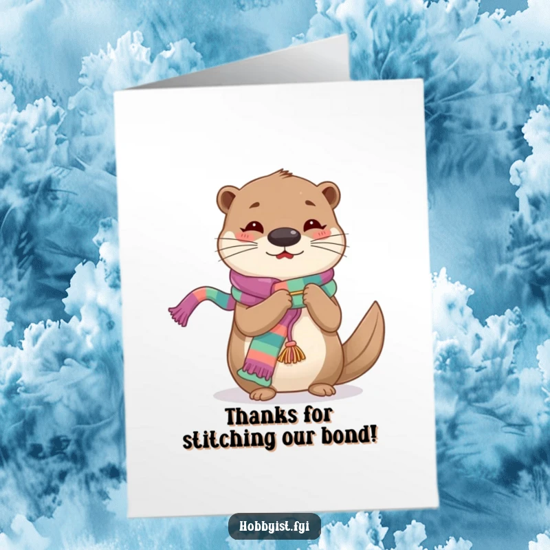 Funny Free Printable Thank You Card: A cheerful otter uses knitting needles to create a long, colorful scarf.