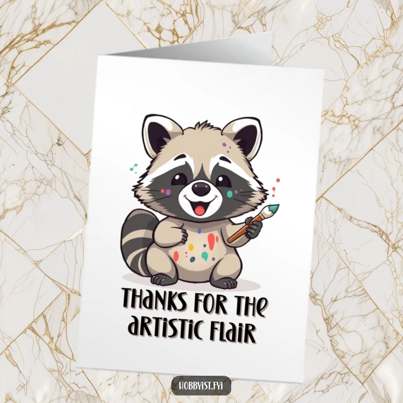 Funny Free Printable Thank You Card: A delighted raccoon artist with paint splatters, brush in paw, artfully expressing gratitude.