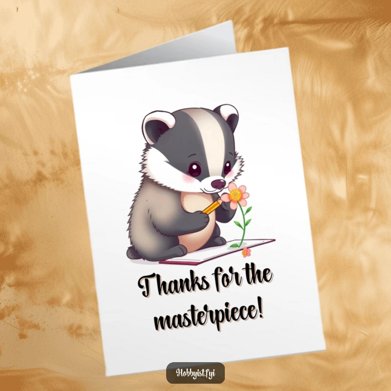 Funny Free Printable Thank You Card: A focused badger artist meticulously sketching a delicate flower, highlighting appreciation.