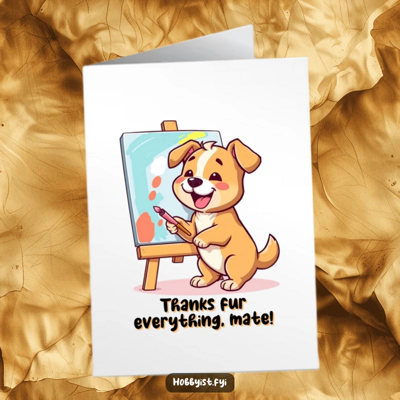 Funny Free Printable Thank You Card: A cheerful dog joyfully paints a vibrant canvas, a colorful expression of thanks.