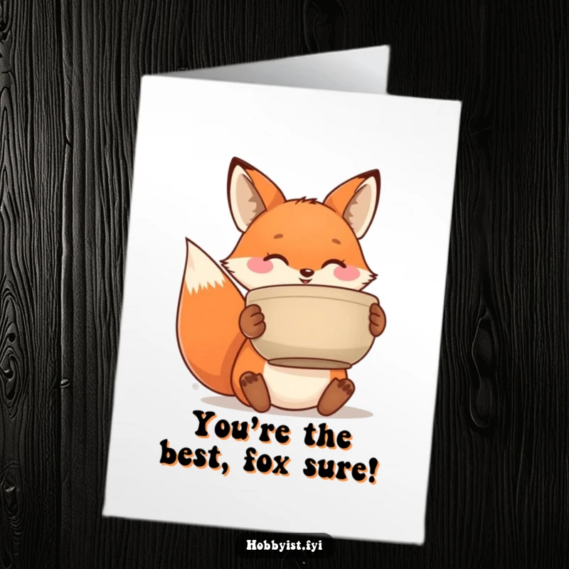 Funny Free Printable Thank You Card: Happy fox presenting a handmade pot, grateful expression, artistic touch.