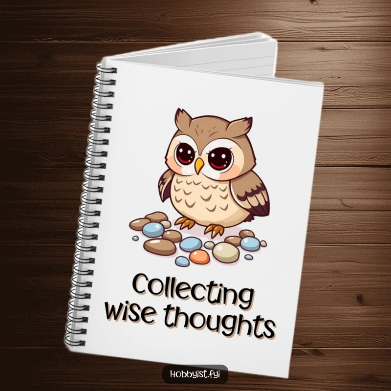 Funny owl notebook cover with a curious owl arranging shiny pebbles, ideal for journaling.