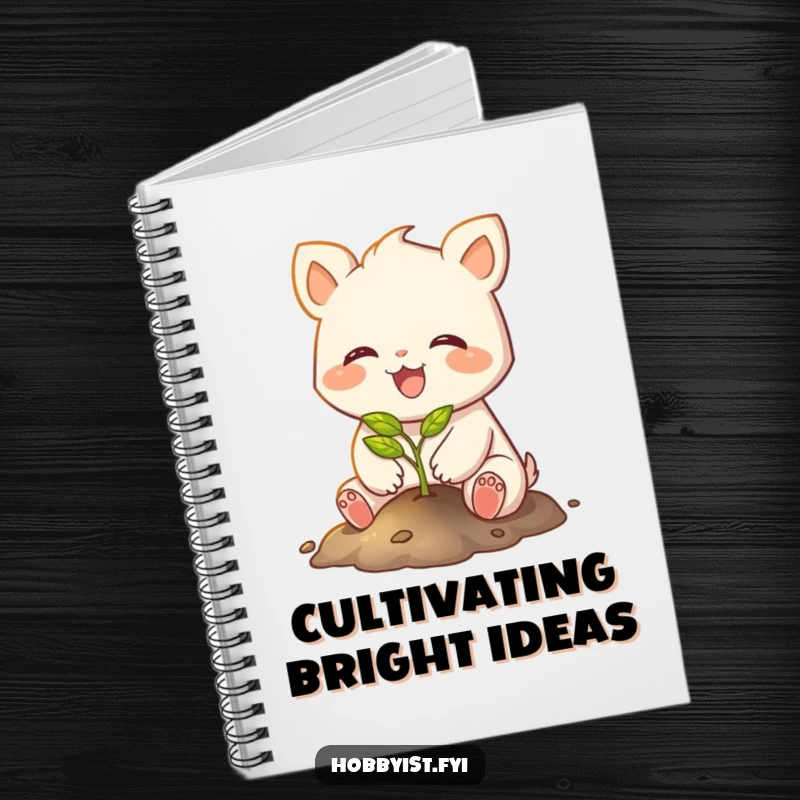 Funny notebook with a joyful creature with small paws planting a tiny, glowing sapling, perfect for budding ideas