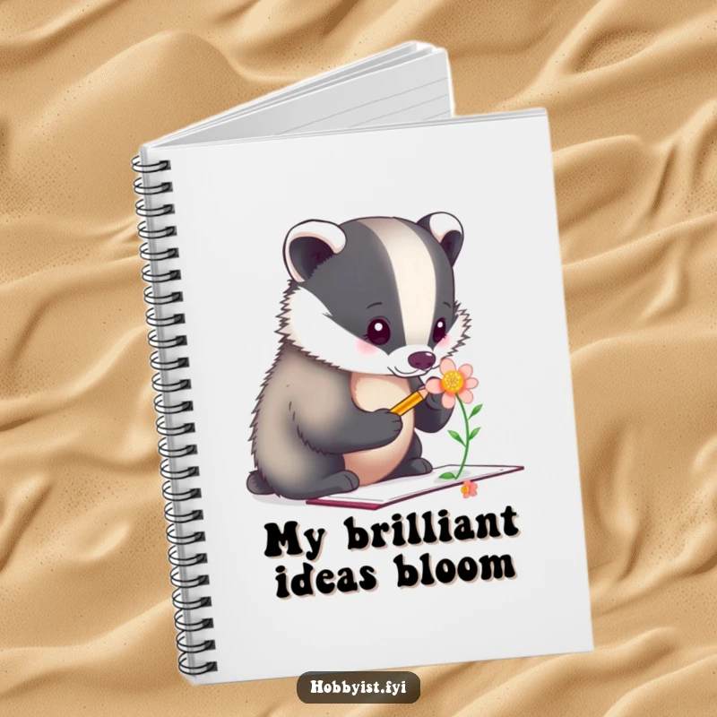 Funny Notebook: A focused badger artist sketches a flower, inspiring creativity and detailed note-taking for aspiring artists.