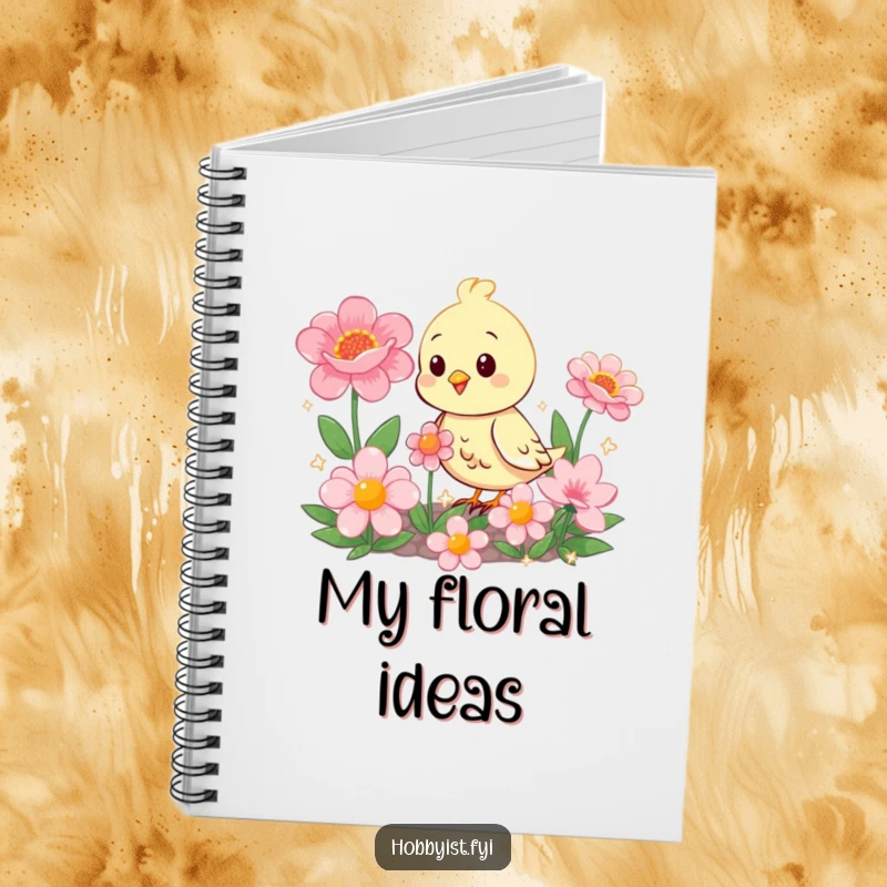 Funny happy bird among oversized, sparkling flowers, a humorous design for a creative notebook cover.