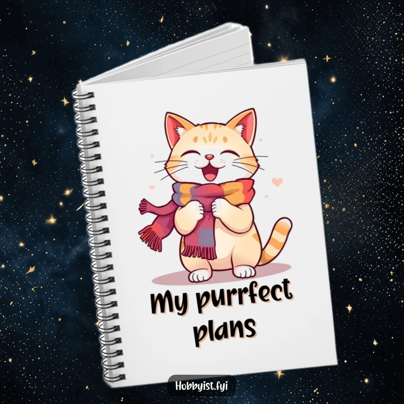 Funny Cat Knitting Notebook: A happy cat energetically knits a colorful scarf, perfect for jotting down creative ideas humorously.