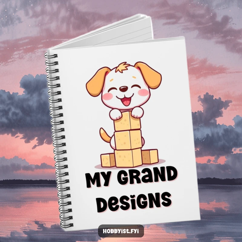 Funny dog block tower notebook with a happy dog character building a precarious tower of blocks, ideal for journaling, sketching, or note-taking.