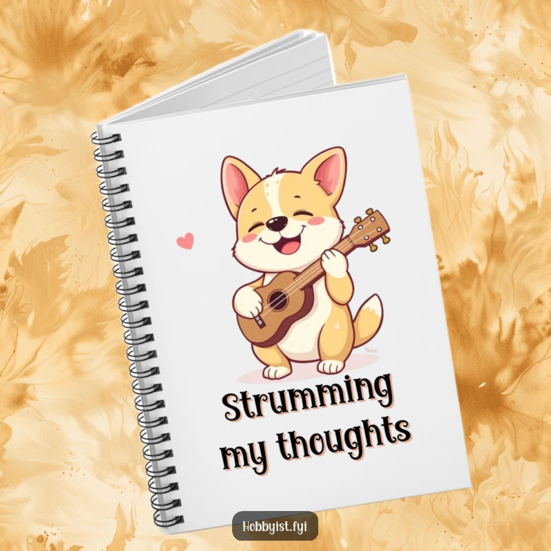 Funny notebook with a giggling dog happily strumming a tiny ukulele, perfect for jotting down musical and humorous ideas.