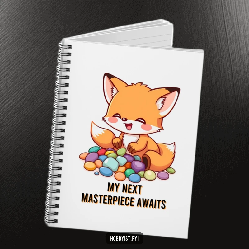 Funny Fox Notebook: A little fox excitedly arranges colorful pebbles into a mosaic, ideal for sketching and journaling, a lovely funny gift.