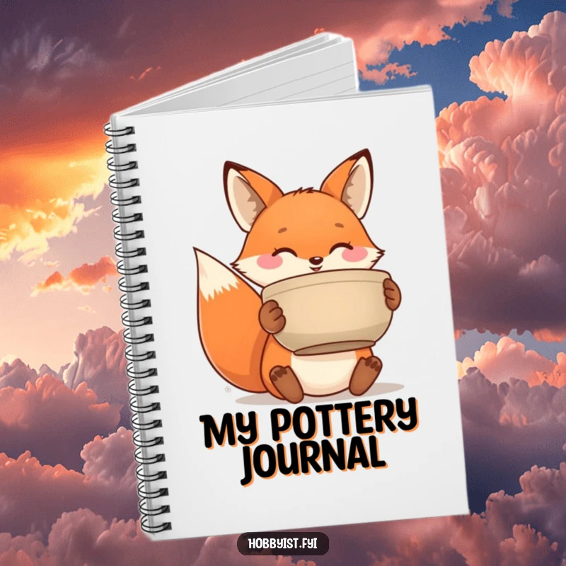 Funny notebook cover showing a happy fox proudly displaying a handmade ceramic pot, great for jotting down creative ideas.