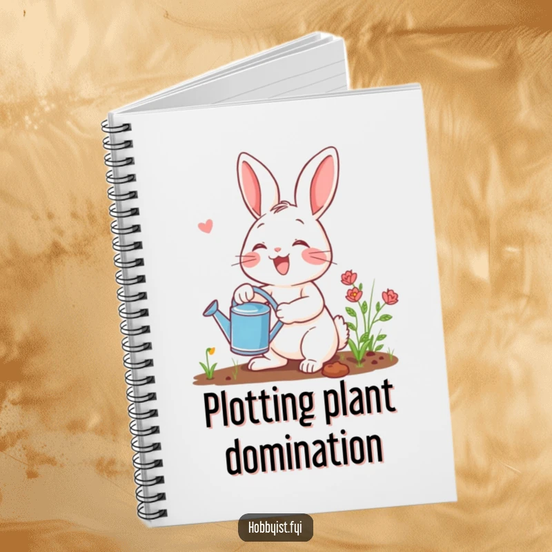 Funny gardening rabbit notebook with a joyful bunny character holding a watering can, perfect for writing notes, journaling, or sketching ideas.