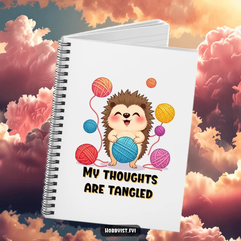 Funny Notebook with a giggling hedgehog juggling colorful yarn balls, perfect for capturing creative thoughts and knitting plans.