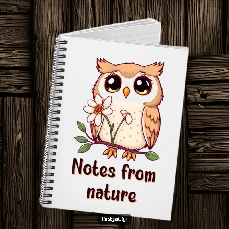 Funny Kawaii owl notebook, featuring enchanting eyes, examining a flower, ideal for jotting down creative thoughts and plans.