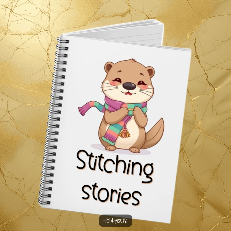 Funny Knitting Otter Notebook, a cheerful otter intently knitting a long, colorful scarf, perfect for writing.
