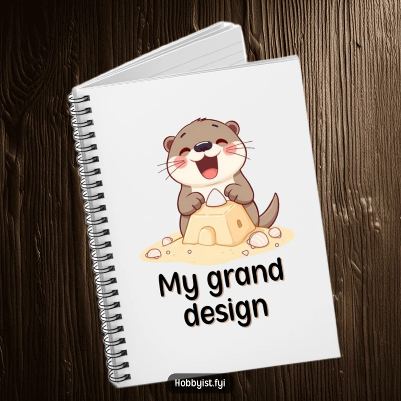 Funny Notebook with an excited otter building a sandcastle with tiny shells, perfect for jotting down plans and beach-inspired ideas.