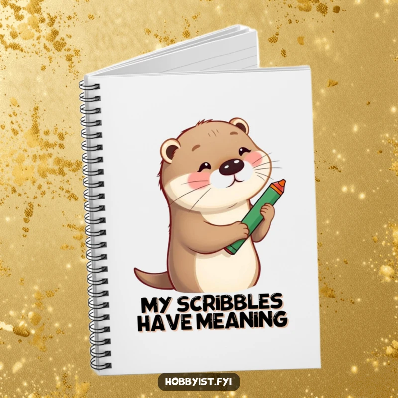 Funny Notebook with a playful otter sketching a whimsical portrait with a large crayon, perfect for capturing creative thoughts.