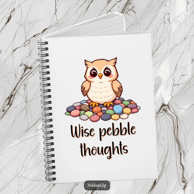 Funny notebook with a cheerful owl carefully arranging colorful pebbles into a mosaic, perfect for jotting down artistic and humorous ideas.