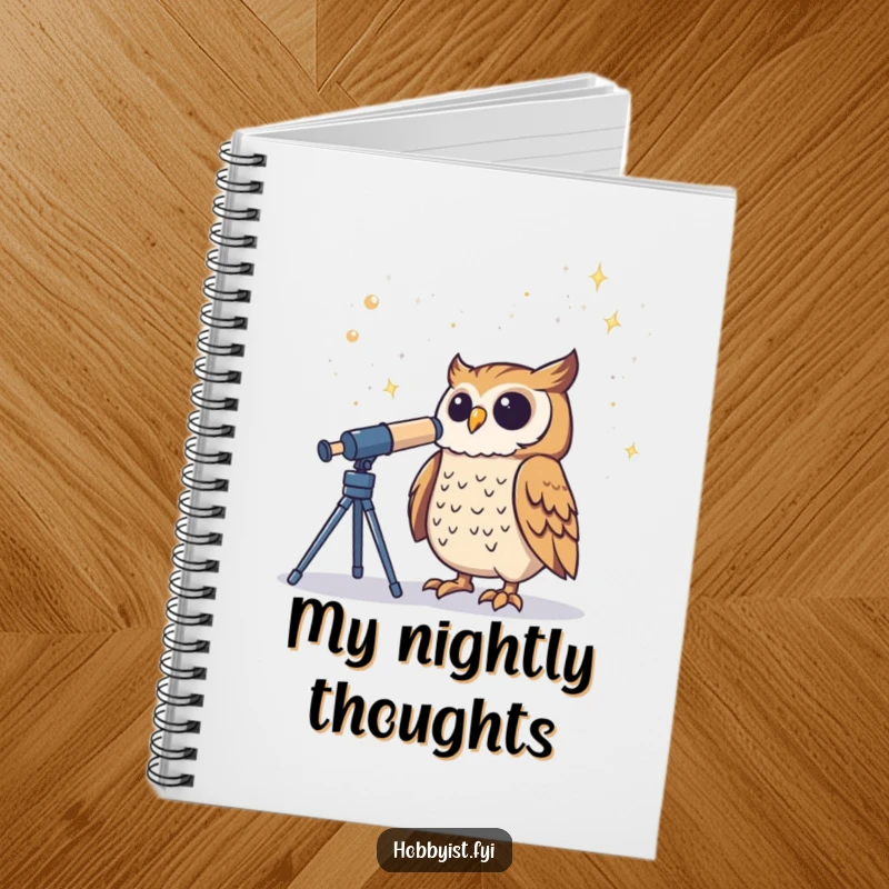 Funny Owl Notebook cover displays a proud owl gazing through a telescope at the starry sky, ideal for notes.