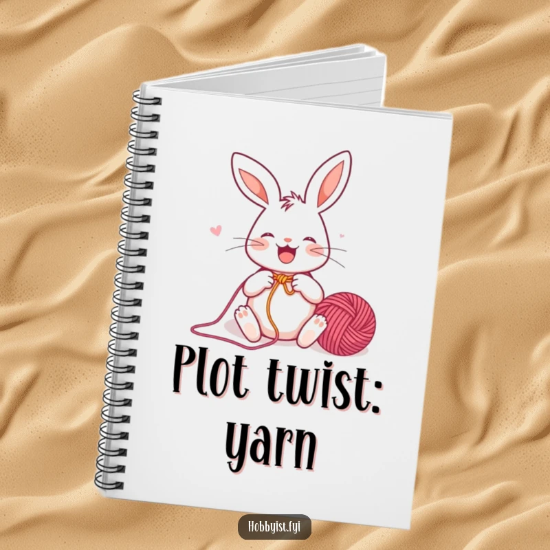 Funny Notebook with a joyful rabbit enthusiastically knitting a colorful yarn ball, perfect for jotting down knitting patterns and creative ideas.