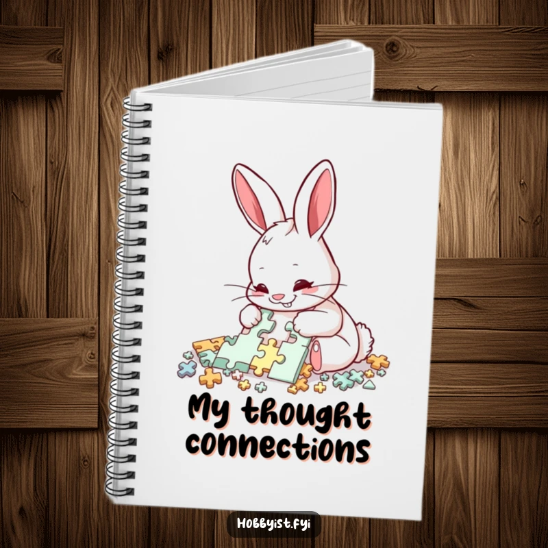 Funny Rabbit Puzzle Notebook: A delighted rabbit meticulously assembles a complex puzzle with intense focus, perfect for jotting down puzzle ideas humorously.