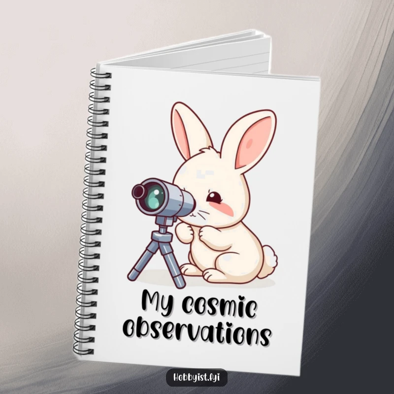 Funny notebook cover showing a curious rabbit meticulously examining a miniature telescope, great for jotting down cosmic thoughts.
