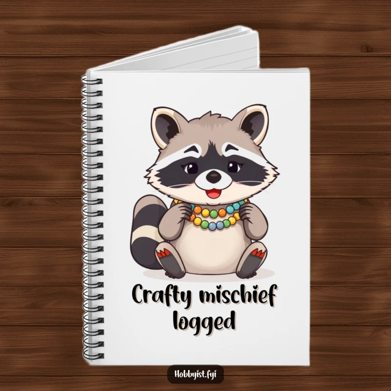 Funny Raccoon Bead Necklace Notebook, a giggling raccoon arranging colorful beads for a necklace, perfect for creative notes.