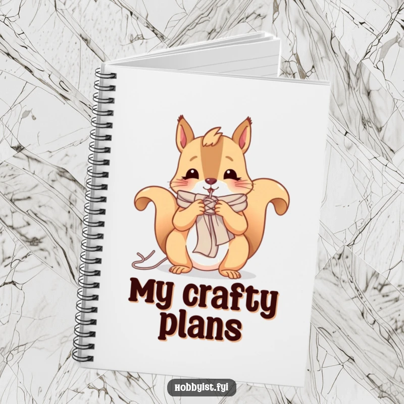 Funny notebook featuring a cheerful squirrel knitting a tiny scarf with yarn, ideal for notes and crafty ideas.