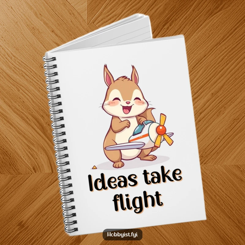 Funny Notebook featuring a joyful kawaii squirrel happily assembling a small model airplane, perfect for planning intricate projects.