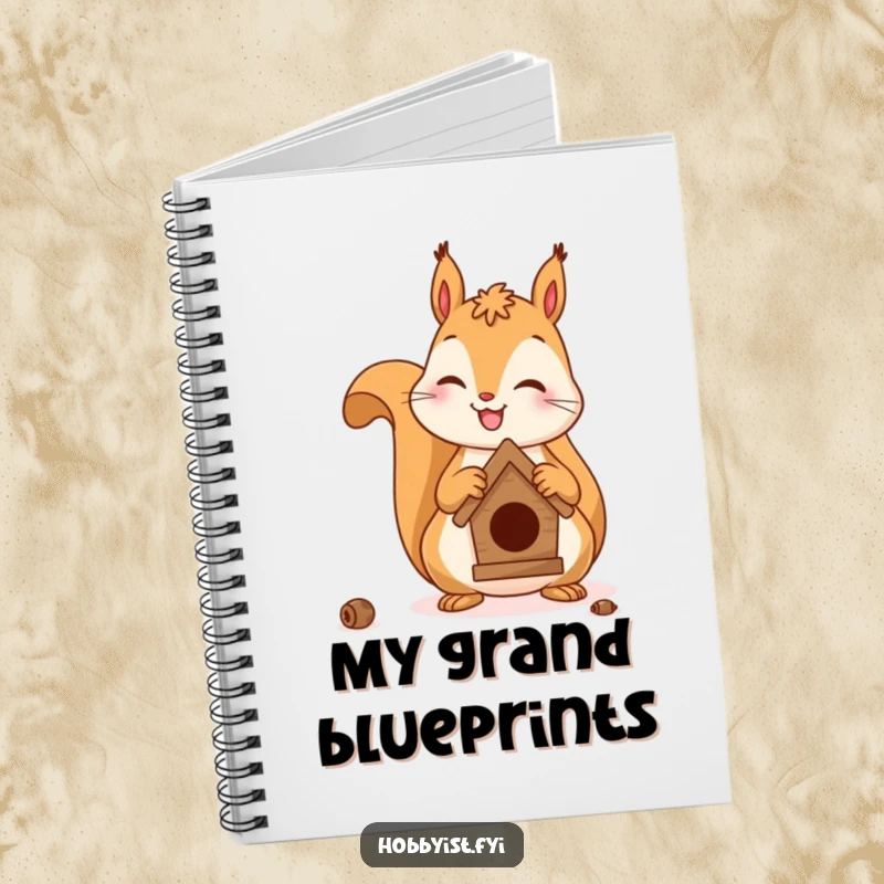 Funny notebook cover showing a cheerful squirrel concentrating on crafting a tiny birdhouse, symbolizing creativity and focus.