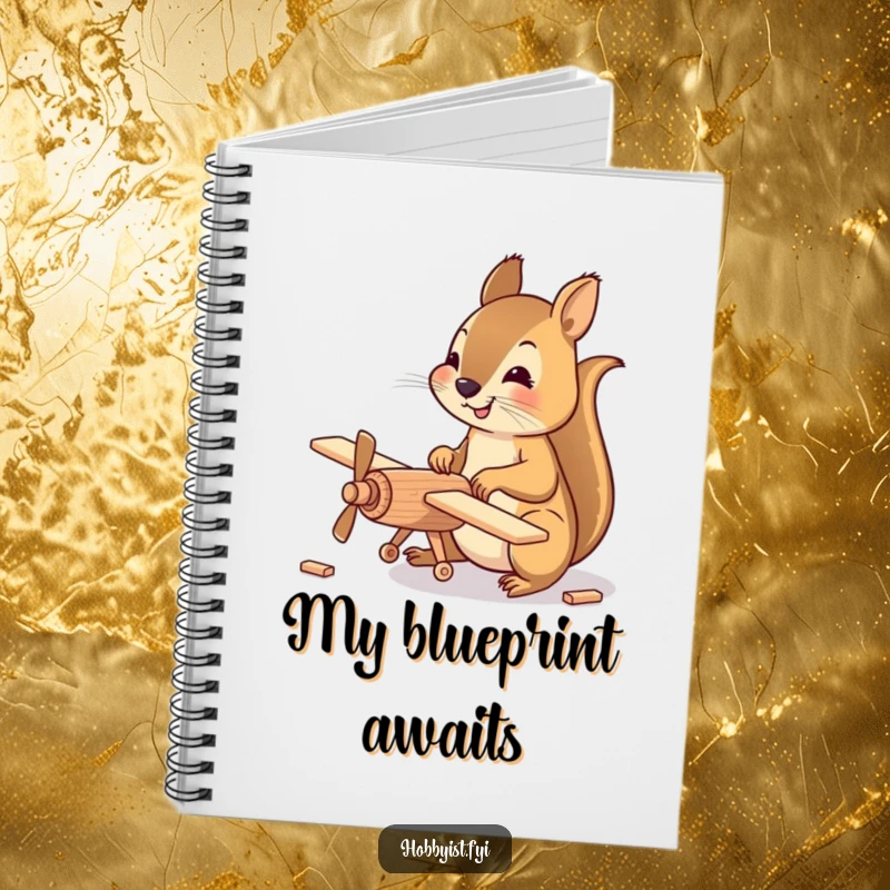 Funny Notebook with a happy squirrel meticulously assembling a small wooden model airplane, perfect for jotting down plans and project ideas.
