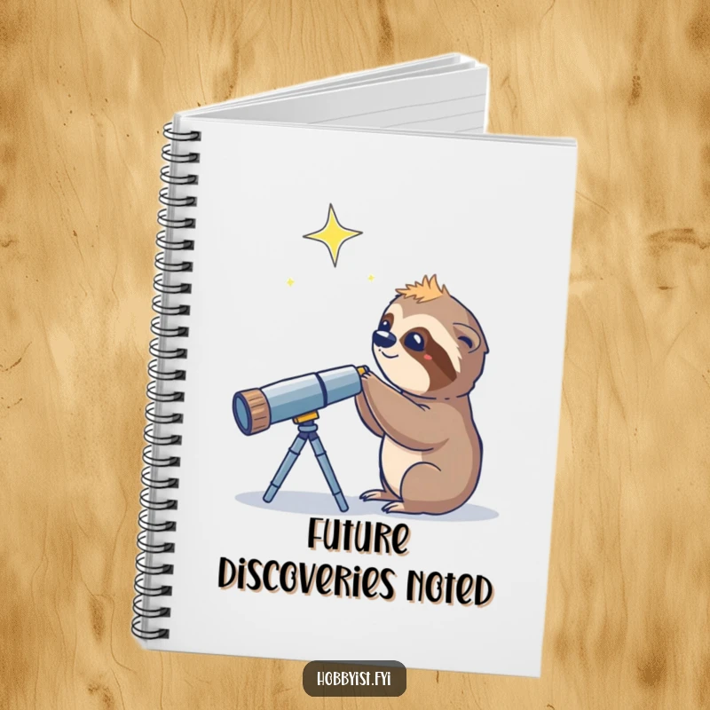 Funny Sloth Telescope Star Notebook, a curious sloth using a telescope to view a twinkling star, perfect for cosmic notes.