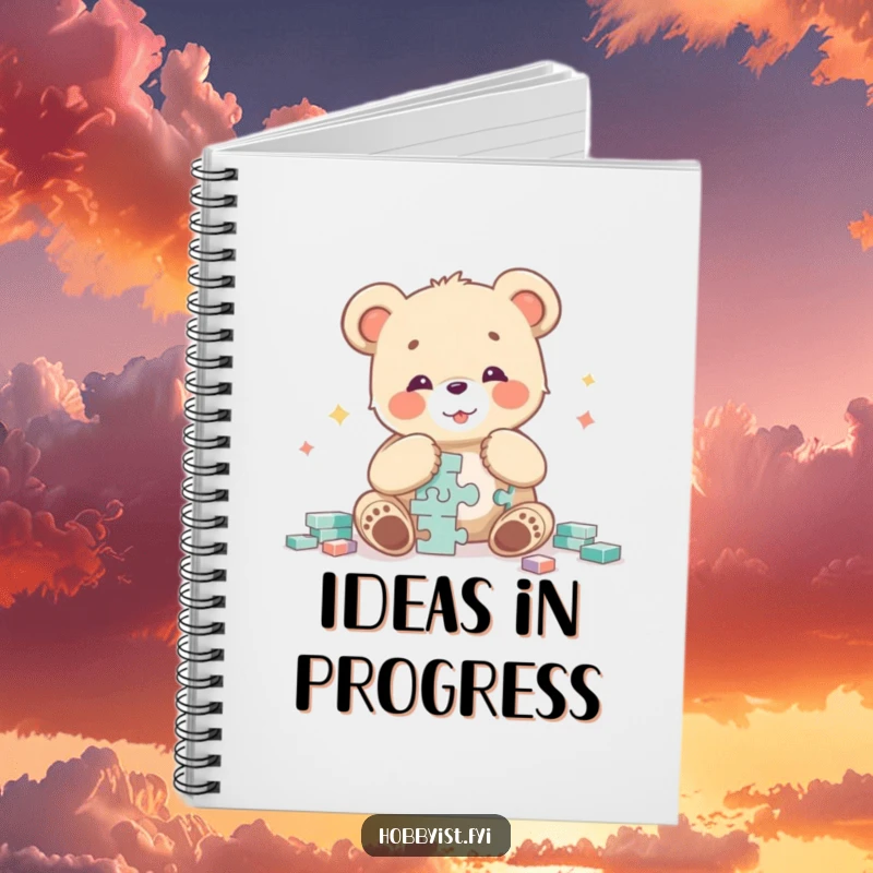 Funny bear cub character intensely engaged in solving a jigsaw puzzle with a look of pure delight on the cover of this notebook.