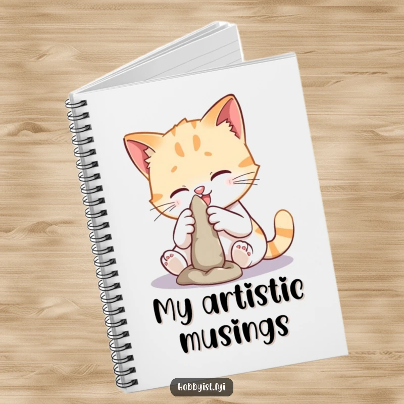 Funny cat sculpting notebook with a playful cat character molding a clay figure, ideal for journaling, sketching, or note-taking.