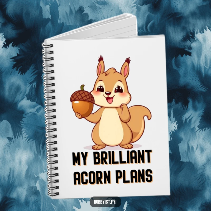 Funny notebook for artists featuring a cheerful squirrel proudly presenting a perfectly crafted acorn sculpture, perfect for creative notes.