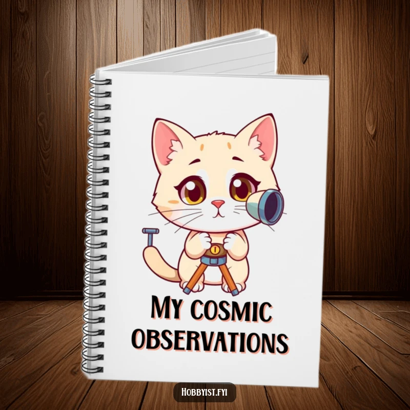 Funny, curious cat with wide, amazed eyes peering into a telescope, featured on a notebook cover, inspiring observation and creative thought.