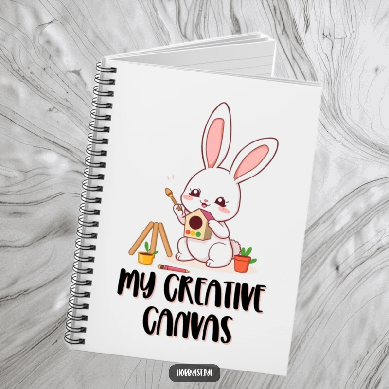 Funny Notebook featuring a cute kawaii bunny enthusiastically painting a small, colorful birdhouse, perfect for sketching creative ideas.