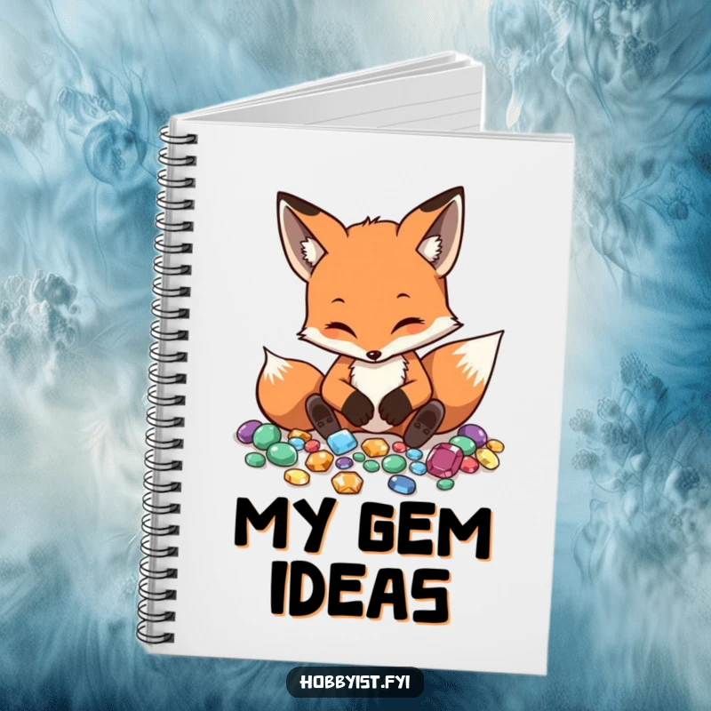 Funny Fox Notebook cover displays a diligent fox meticulously arranging gemstones, ideal for detailed notes and planning.