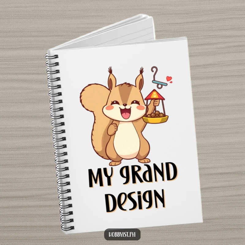 Funny joyful squirrel holding a detailed bird feeder, on a notebook cover, ideal for humorous journaling and gifting.