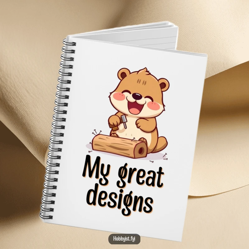 Funny Kawaii beaver notebook, with an excited beaver hammering tiny nails into a miniature wooden structure, ideal for project plans.